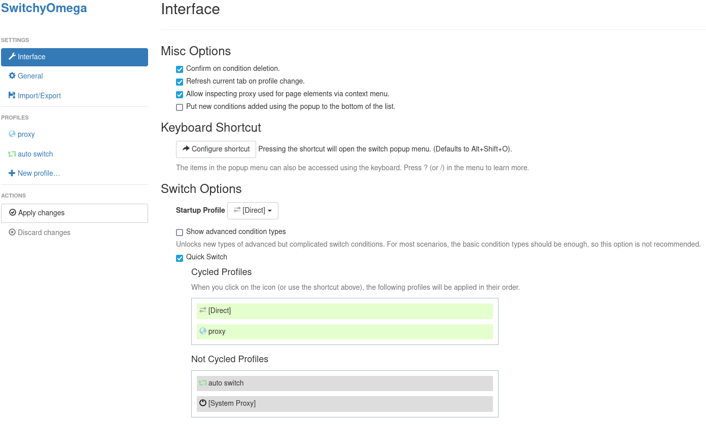 Interface de SwitchyOmega