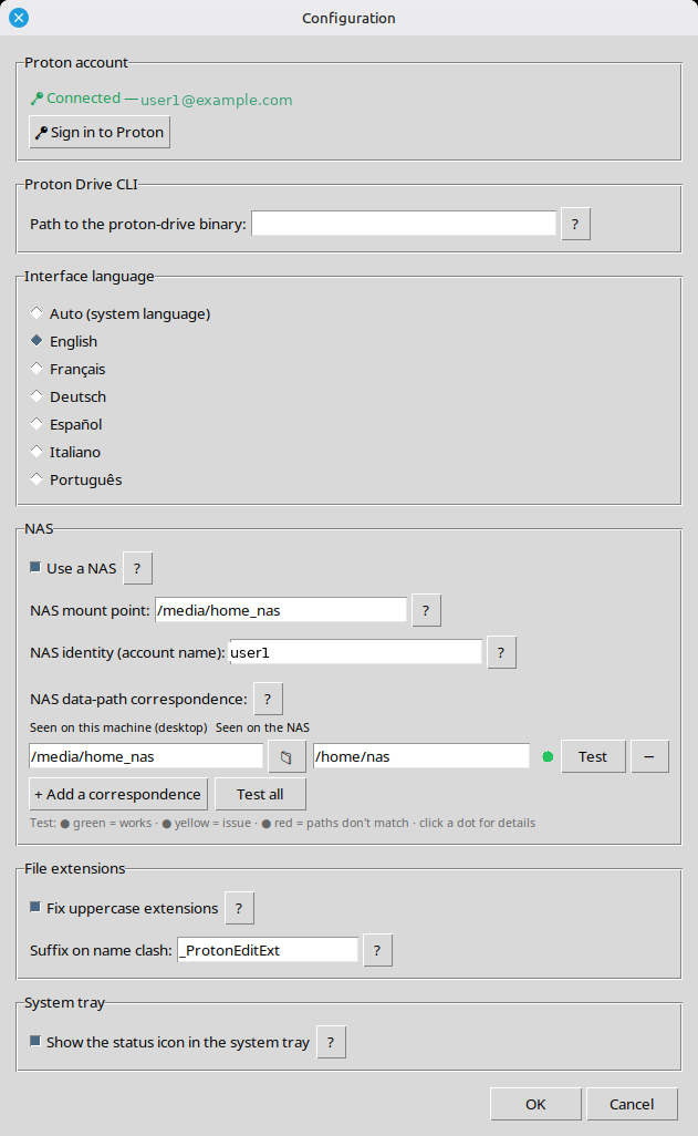 Le dialogue de configuration : compte Proton, langue, NAS optionnel