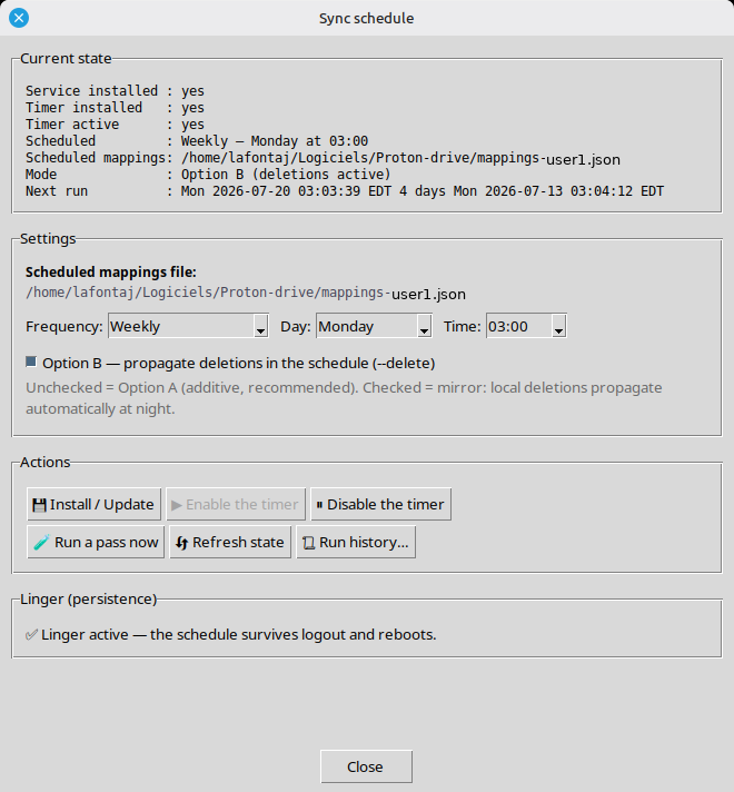 La fenêtre Planification pour programmer un passage complet automatique